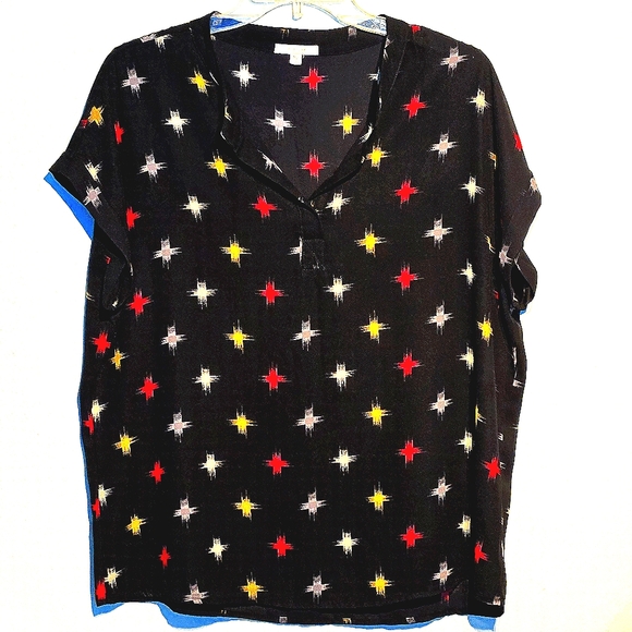Pleione Tops - 3/10$ Abstract Allover Pattern Blouse Split Vneck w Cuffed Sleeves Sz Lg Petite